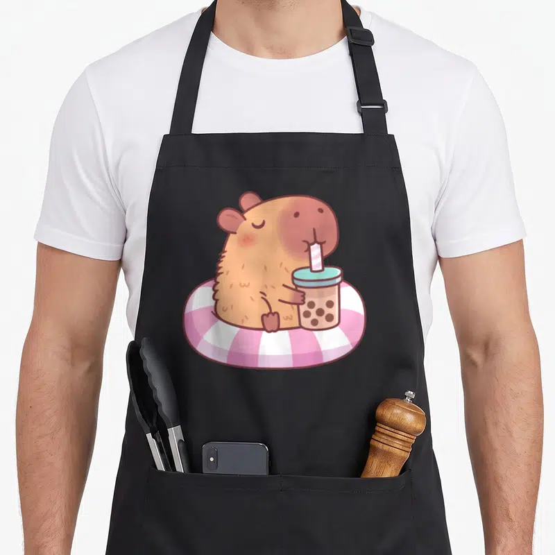 Pool anime apron - Brown capybara in pink white swim ring drinking bubble tea cartoon — shown on a black cotton canvas apron against a white background