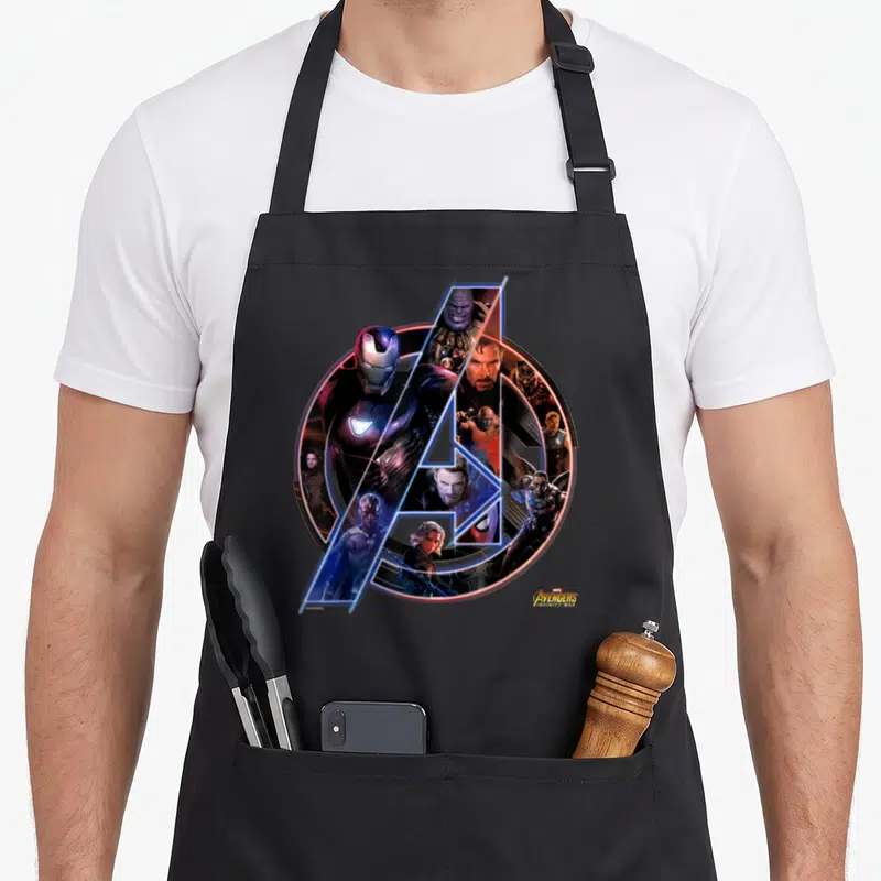 War infinity apron - Avengers characters in blue red purple gold around A logo with Marvel Avengers Infinity War text — shown on a black cotton canvas apron against a white background