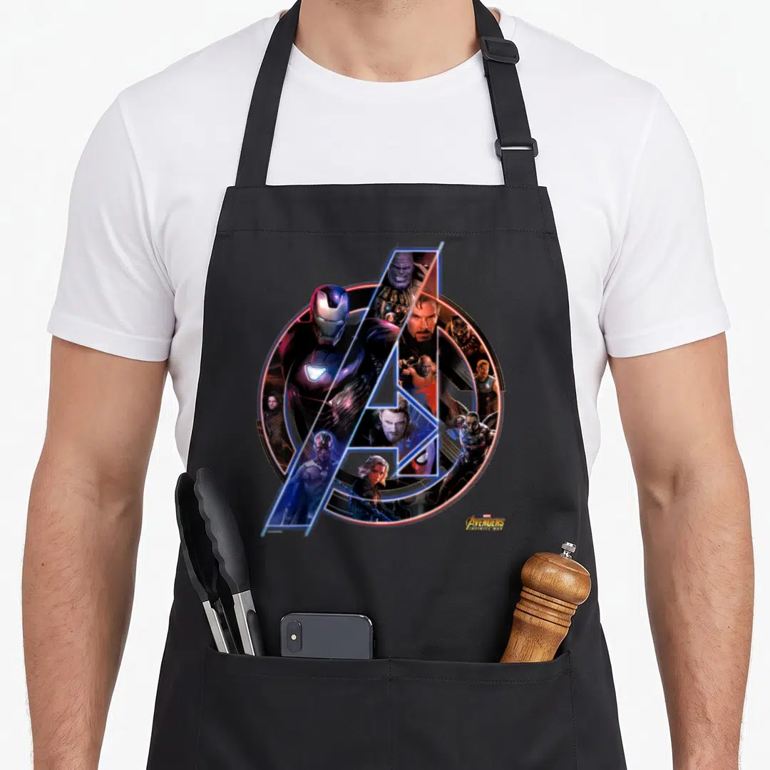 War infinity apron - Avengers characters in blue red purple gold around A logo with Marvel Avengers Infinity War text — shown on a black cotton canvas apron against a white background