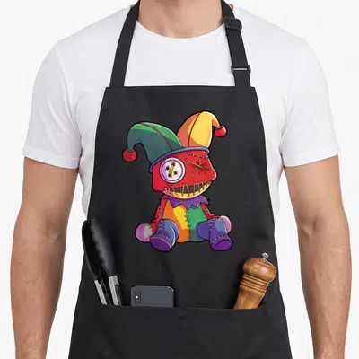 Carnival cottage apron - Cartoon stitched jester doll with button eye and multicolored patchwork body wearing a jester — shown on a black cotton canvas apron against a white background