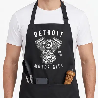 Detroit block & apron - V-twin engine illustration with Detroit Est 1701 Motor City text in distressed white and grey — shown on a black cotton canvas apron against a white background