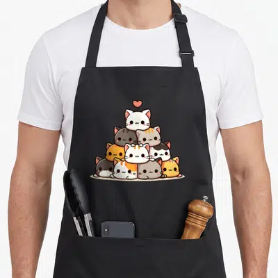 Funny cat kawaii cooking apron - Ten cartoon cats stacked in a pyramid with a pink heart above in white grey orange — shown on a black cotton canvas apron against a white background