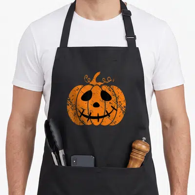 Face jack halloween apron - Centered orange jack-o-lantern with distressed black features and stitched smile on plain — shown on a black cotton canvas apron against a white background