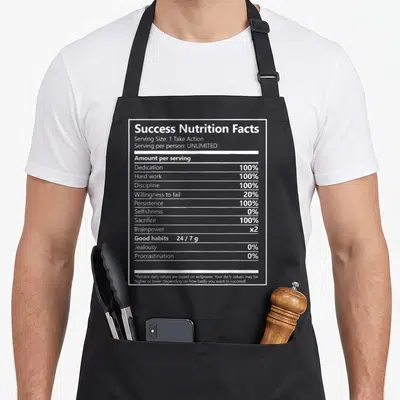 Success entrepreneur apron - White typography styled as a nutrition label listing success ingredients like dedication — shown on a black cotton canvas apron against a white background