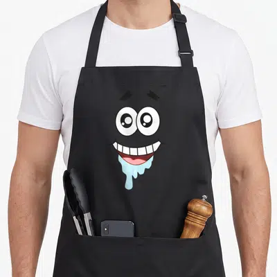Droolin patrick apron - Cartoon face with wide eyes, big smile, and dripping light blue drool — shown on a black cotton canvas apron against a white background