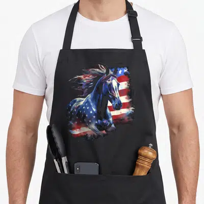 Farm american flag apron - Realistic horse head merging with blue stars and red white stripes — shown on a black cotton canvas apron against a white background