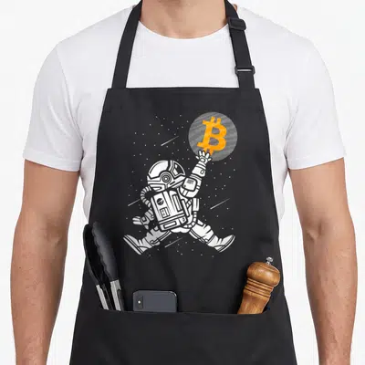 Astronaut bitcoin apron - White cartoon astronaut reaching for orange Bitcoin symbol inside grey planet with stars — shown on a black cotton canvas apron against a white background