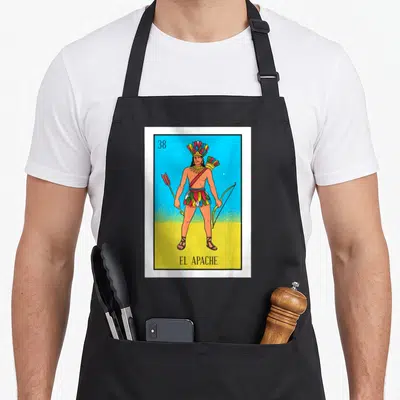 Indio mexican apron - Playing card design showing an Apache man holding a bow and arrow against blue and yellow — shown on a black cotton canvas apron against a white background