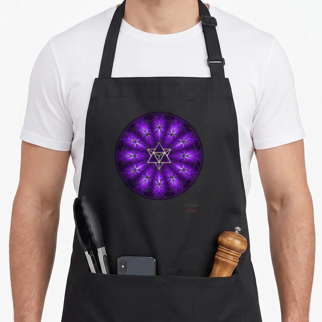 Merkaba manifestation apron - Purple and gold sacred geometry mandala with central gold star in line art style — shown on a black cotton canvas apron against a white background