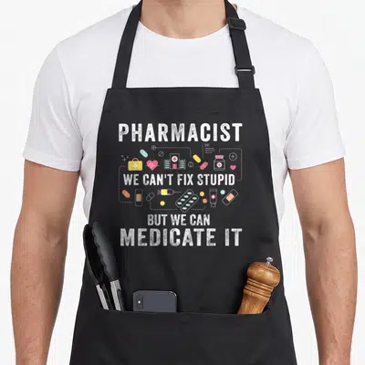 Fix pharmacist apron - PHARMACIST WE CAN'T FIX STUPID text with pills syringe hospital icons in red yellow blue dotted — shown on a black cotton canvas apron against a white background