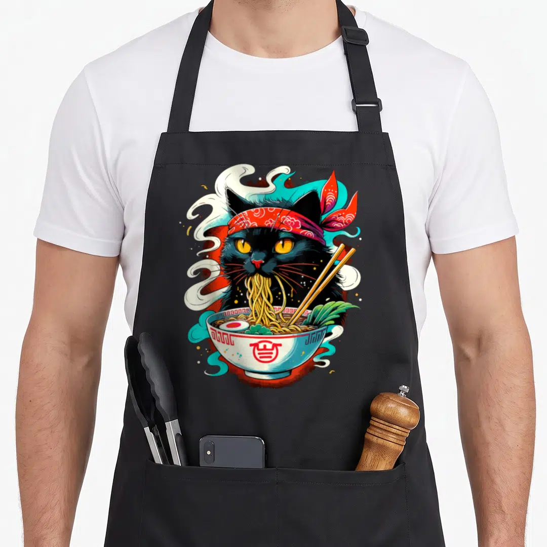 Ramen noodle cat apron - Black cat in red bandana eating noodles from bowl with chopsticks and steam — shown on a black cotton canvas apron against a white background