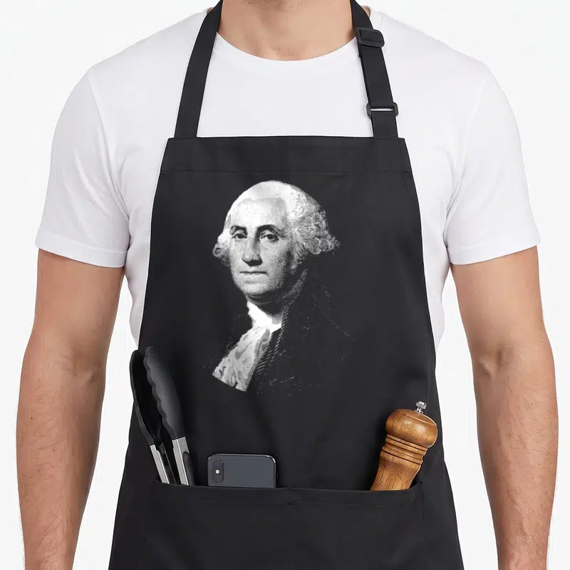 Washington georgian apron - Realistic white portrait of George Washington centered on dark canvas — shown on a black cotton canvas apron against a white background