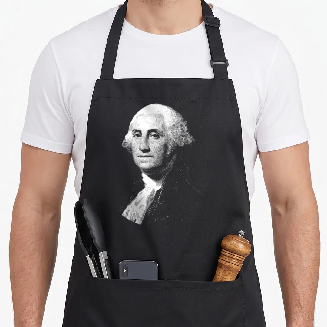 Washington georgian apron - Realistic white portrait of George Washington centered on dark canvas — shown on a black cotton canvas apron against a white background