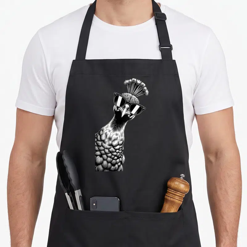 Sunglass bird apron - Black and white line art of a peacock head wearing dark sunglasses — shown on a black cotton canvas apron against a white background