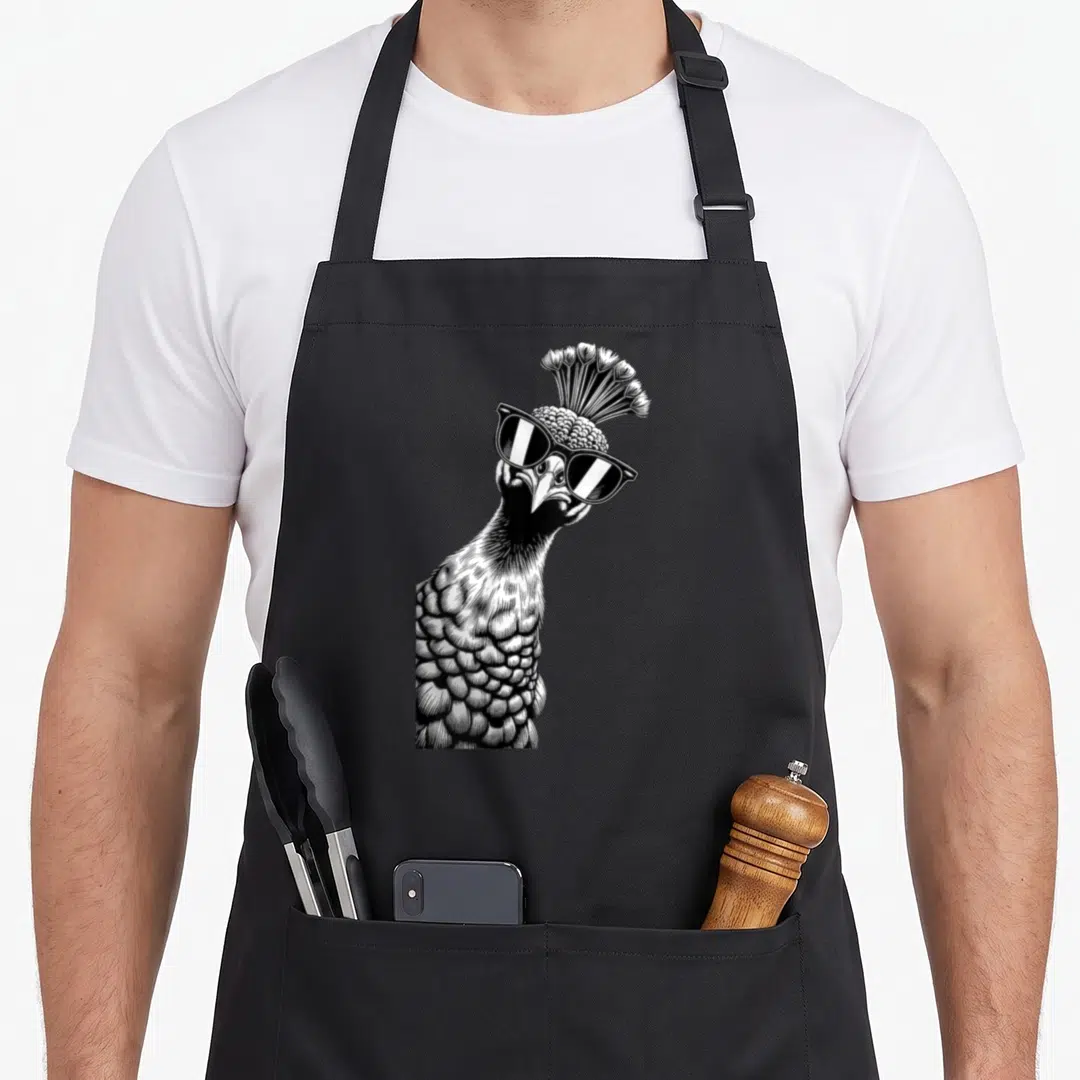 Sunglass bird apron - Black and white line art of a peacock head wearing dark sunglasses — shown on a black cotton canvas apron against a white background