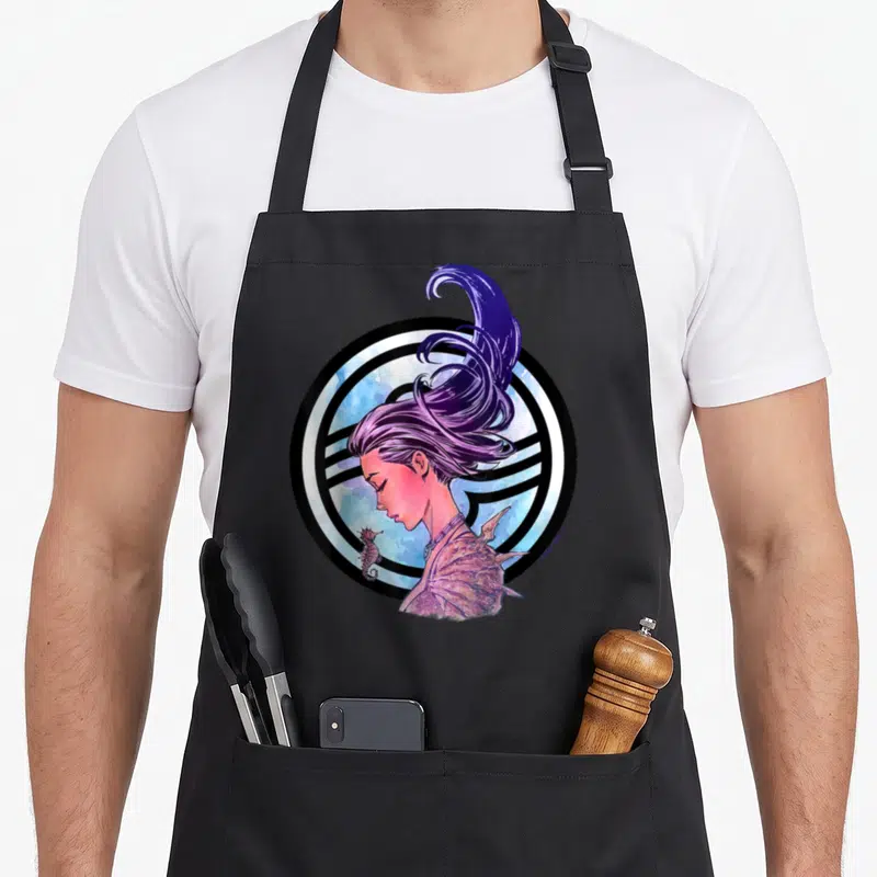 Fathom aspen apron - Woman in profile with purple hair and seahorse inside blue watercolor circle — shown on a black cotton canvas apron against a white background