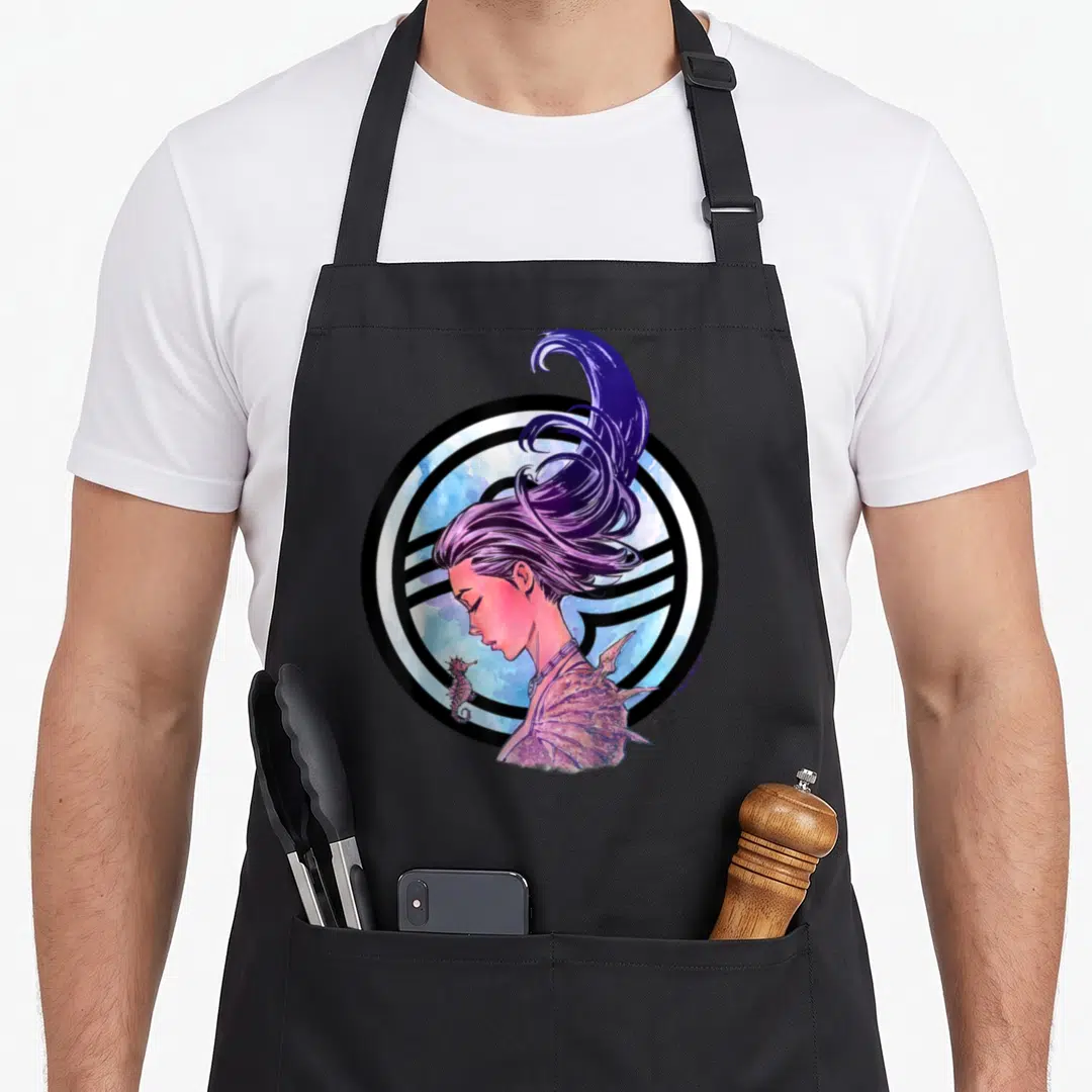 Fathom aspen apron - Woman in profile with purple hair and seahorse inside blue watercolor circle — shown on a black cotton canvas apron against a white background