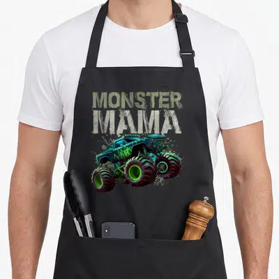 Mama truck aprons - MONSTER MAMA text above green and blue monster truck illustration — shown on a black cotton canvas apron against a white background