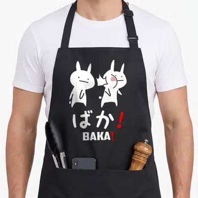 Anime rabbit apron - Two white minimalist rabbits with red anger mark above stacked Japanese and English BAKA text — shown on a black cotton canvas apron against a white background