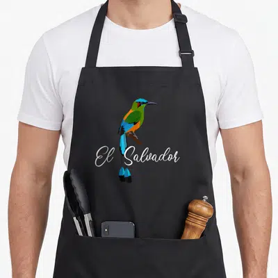 Salvador el cook apron - Colorful blue green orange bird perched on brown branch with white El Salvador script — shown on a black cotton canvas apron against a white background