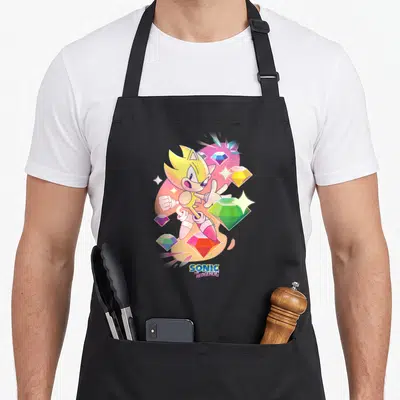 Chao crazy hedgehog man apron - Super Sonic leaping among five colorful gems with Sonic The Hedgehog logo — shown on a black cotton canvas apron against a white background