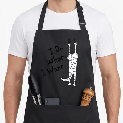 Cute cat apron for baking - White line-art cat hanging vertically next to stacked I Do What I Want text — shown on a black cotton canvas apron against a white background