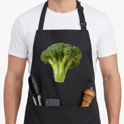Broccoli halloween apron - Single green broccoli stalk photo print centered on apron front panel — shown on a black cotton canvas apron against a white background