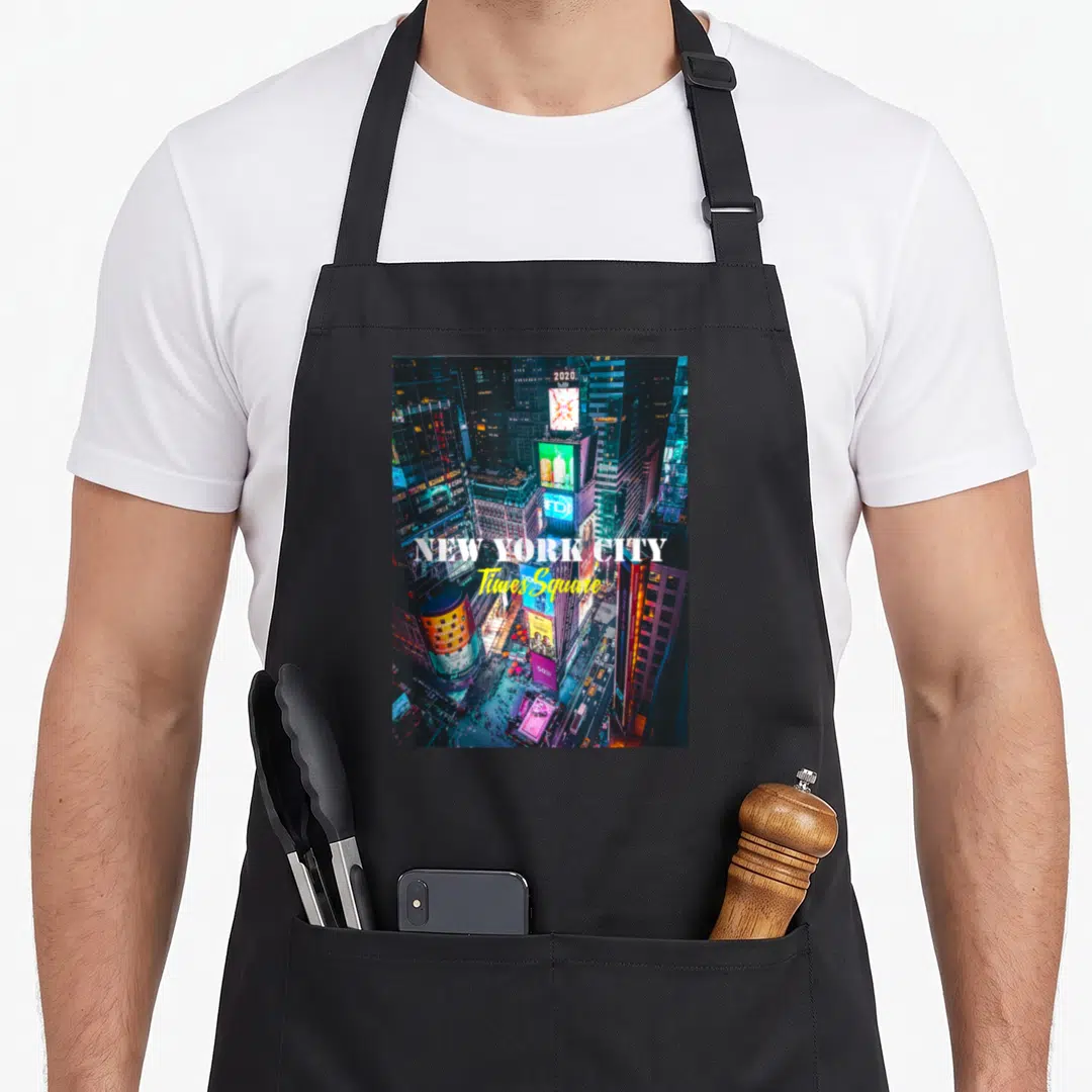Square new york apron - High angle photo of Times Square with NEW YORK CITY text in white and yellow — shown on a black cotton canvas apron against a white background