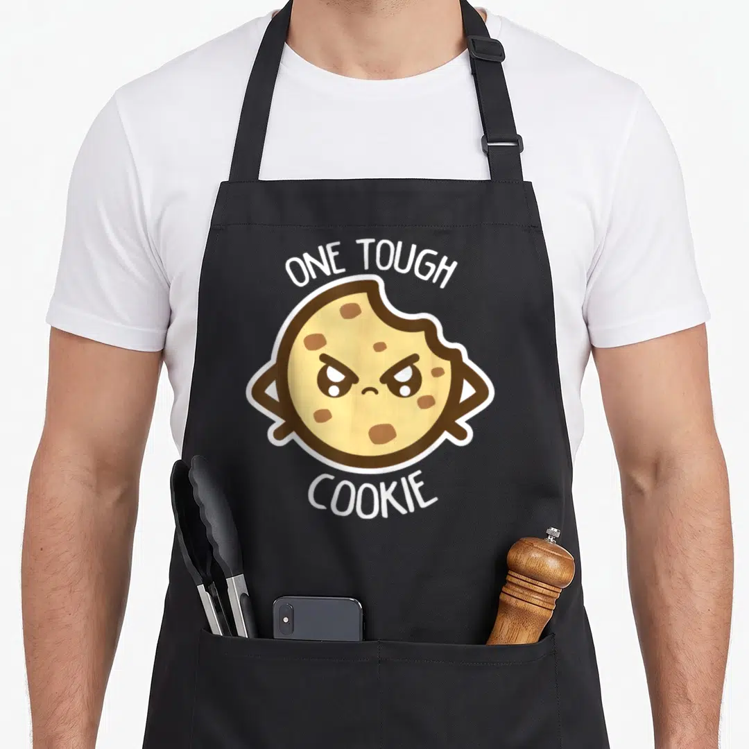 Durable mother's apron - Angry cartoon cookie with One Tough Cookie text in beige brown white — shown on a black cotton canvas apron against a white background