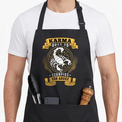 Horoscope sign birthday apron - White scorpion over yellow zodiac wheel with text karma goes to scorpios for advice — shown on a black cotton canvas apron against a white background
