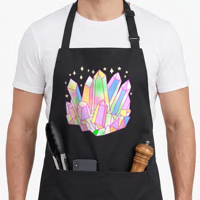 Cluster goth apron - Rainbow crystal cluster with pink outline and scattered stars in cartoon style — shown on a black cotton canvas apron against a white background