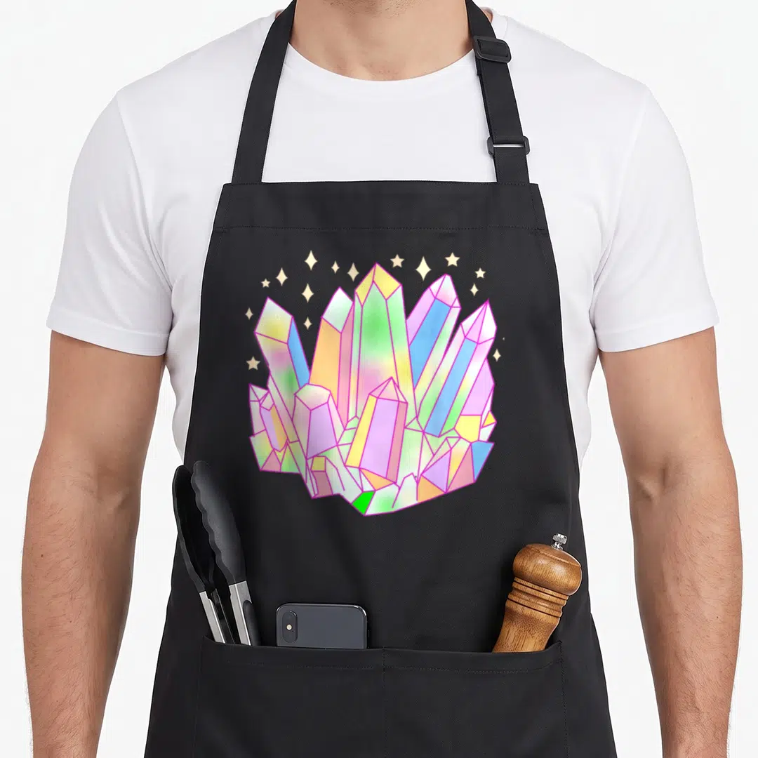 Cluster goth apron - Rainbow crystal cluster with pink outline and scattered stars in cartoon style — shown on a black cotton canvas apron against a white background