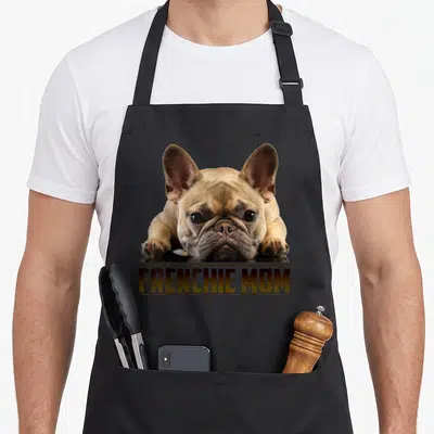 Frenchie french apron - Photo of a tan French Bulldog lying down above bold brown text reading FRENCHIE MOM — shown on a black cotton canvas apron against a white background