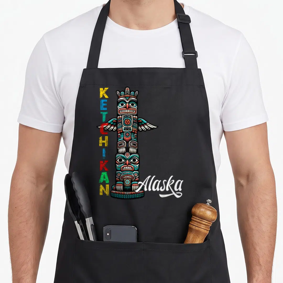 Ketchikan pole apron - Colorful totem pole with vertical KETCHIKAN text and script Alaska label — shown on a black cotton canvas apron against a white background