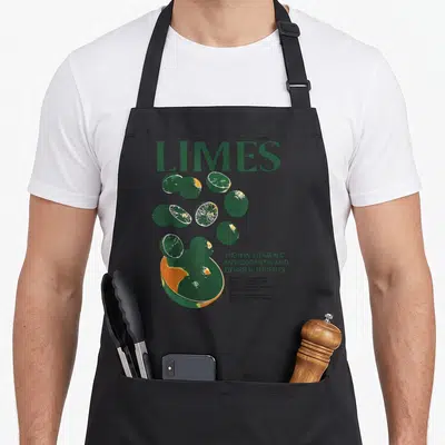 Vegetable lemon apron - Retro graphic of falling green limes into orange bowl with vitamin C text — shown on a black cotton canvas apron against a white background