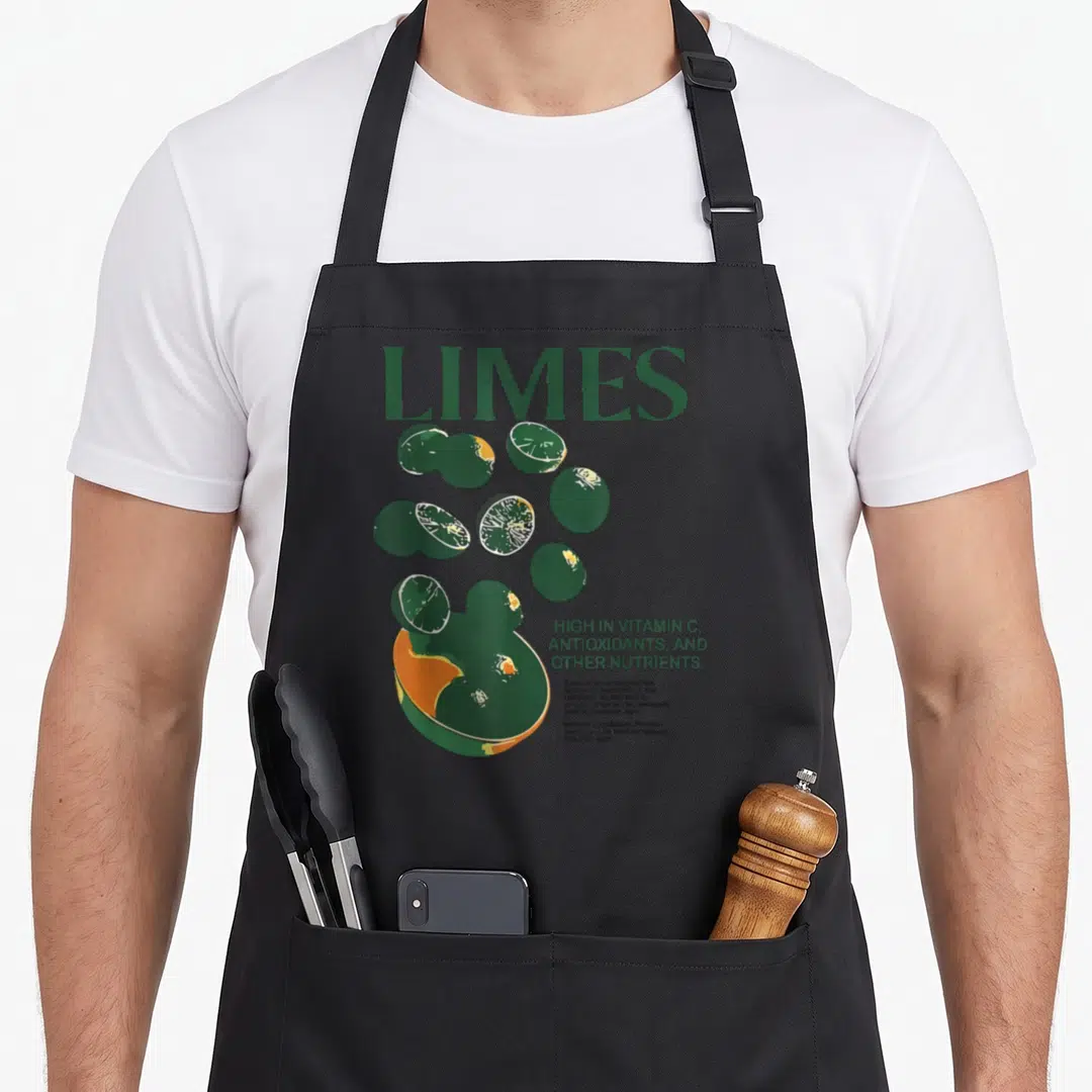 Vegetable lemon apron - Retro graphic of falling green limes into orange bowl with vitamin C text — shown on a black cotton canvas apron against a white background