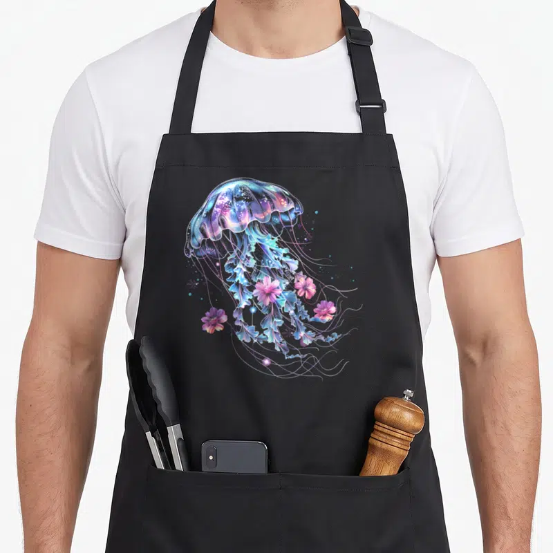 Jellyfish floral apron - Realistic jellyfish with blue purple pink flowers and bubbles integrated into tentacles — shown on a black cotton canvas apron against a white background
