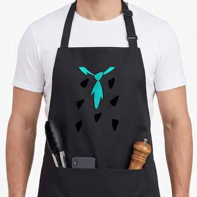 Fred flint apron - Cyan necktie centered with six black irregular spots on grey background — shown on a black cotton canvas apron against a white background