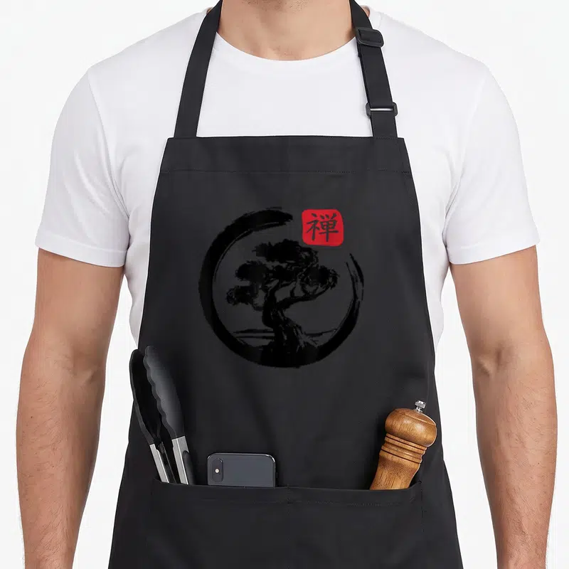 Zen japan apron - Black bonsai tree in brush circle with red square containing white kanji character — shown on a black cotton canvas apron against a white background