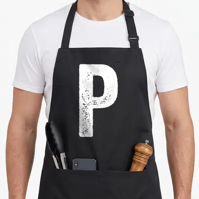 Couple salt and pepper aprons - Distressed white letter P printed on canvas apron front — shown on a black cotton canvas apron against a white background