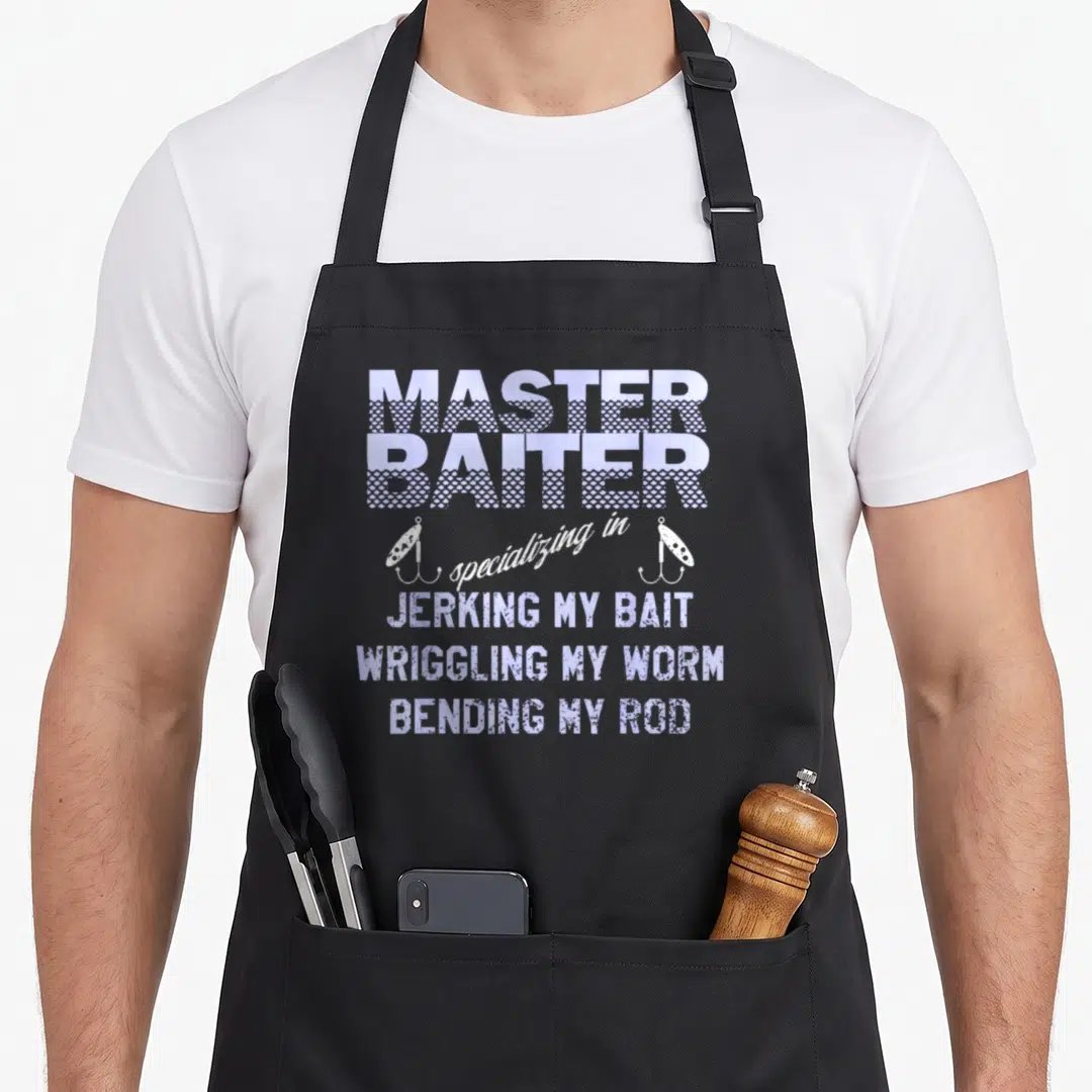 Master fisherman apron - Purple and white text reading Master Baiter with two fishing hooks flanking specialized — shown on a black cotton canvas apron against a white background