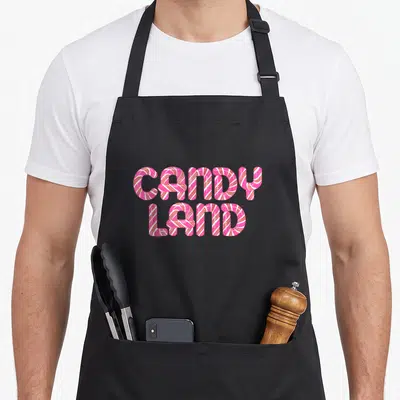 90s cotton candy apron - CANDY LAND text filled with pink white candy cane stripes — shown on a black cotton canvas apron against a white background
