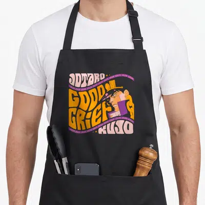 Grief classical apron - Psychedelic Jotaro Good Grief Kujo text art in orange purple pink yellow — shown on a black cotton canvas apron against a white background