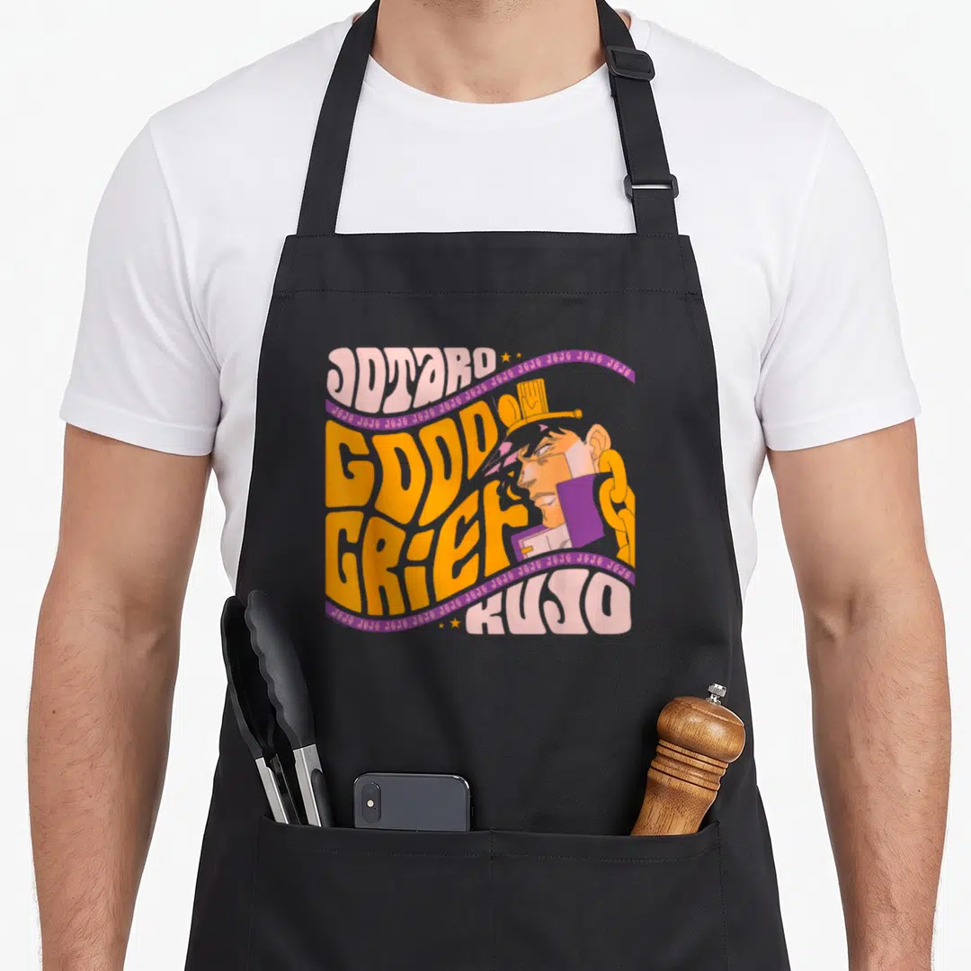 Grief classical apron - Psychedelic Jotaro Good Grief Kujo text art in orange purple pink yellow — shown on a black cotton canvas apron against a white background