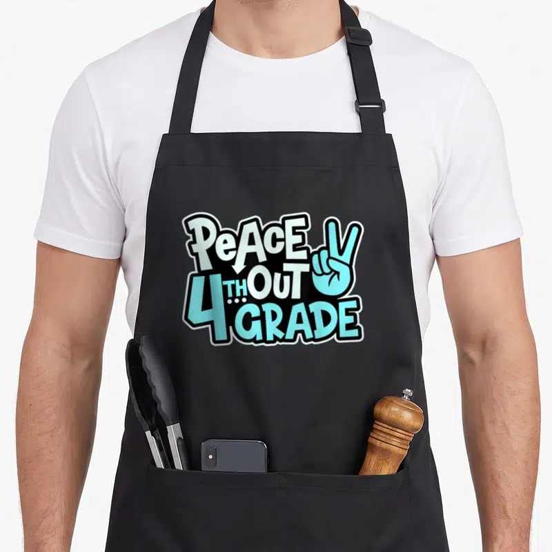 School grade fourth apron - Stacked text PEACE OUT 4TH GRADE with light blue peace sign hand gesture on black background — shown on a black cotton canvas apron against a white background