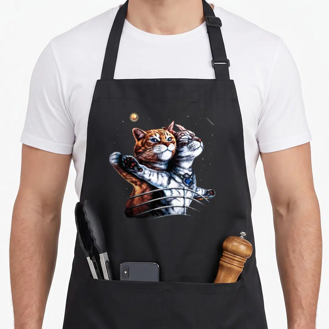 Titanic kitten apron - Two realistic cats embracing on a railing with a planet and shooting star in space — shown on a black cotton canvas apron against a white background