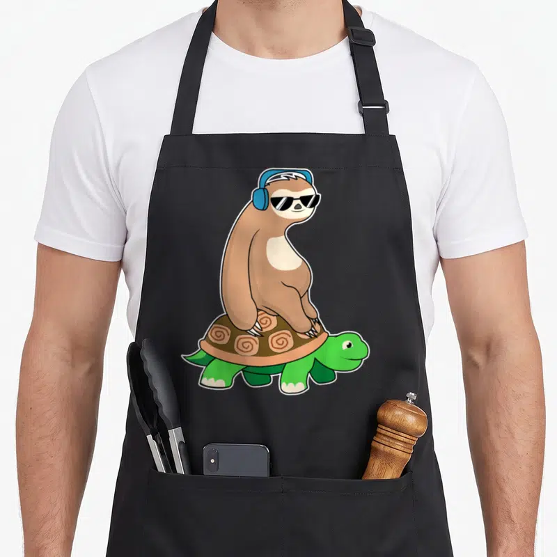 Riding sloth apron - Cartoon brown sloth with blue headphones and sunglasses sitting on a green turtle with spiral — shown on a black cotton canvas apron against a white background