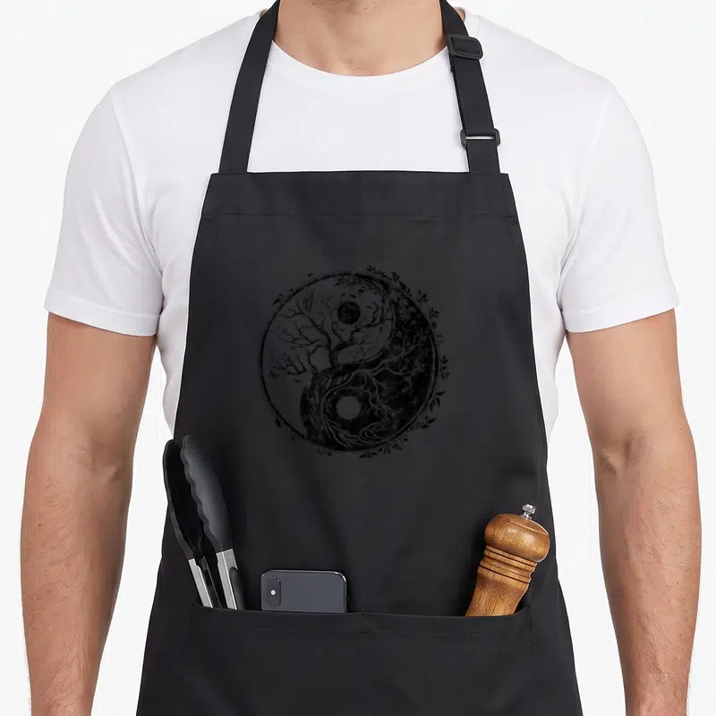 Chi tree apron - Black yin yang circle formed by tree branches roots and moon foliage line art — shown on a black cotton canvas apron against a white background