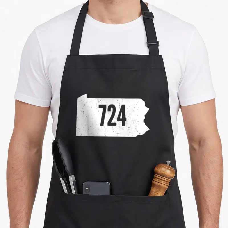 Area outline of an apron - White Pennsylvania state silhouette containing the number 724 in grey text — shown on a black cotton canvas apron against a white background