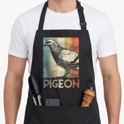 Funny crazy dove man apron - Retro pigeon illustration over teal beige yellow orange grey vertical stripes with PIGEON — shown on a black cotton canvas apron against a white background
